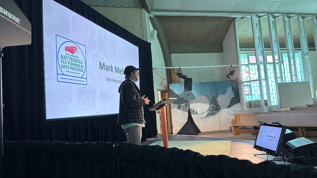 Mark Melnyk’s film presentation, with a confidence monitor at the podium.