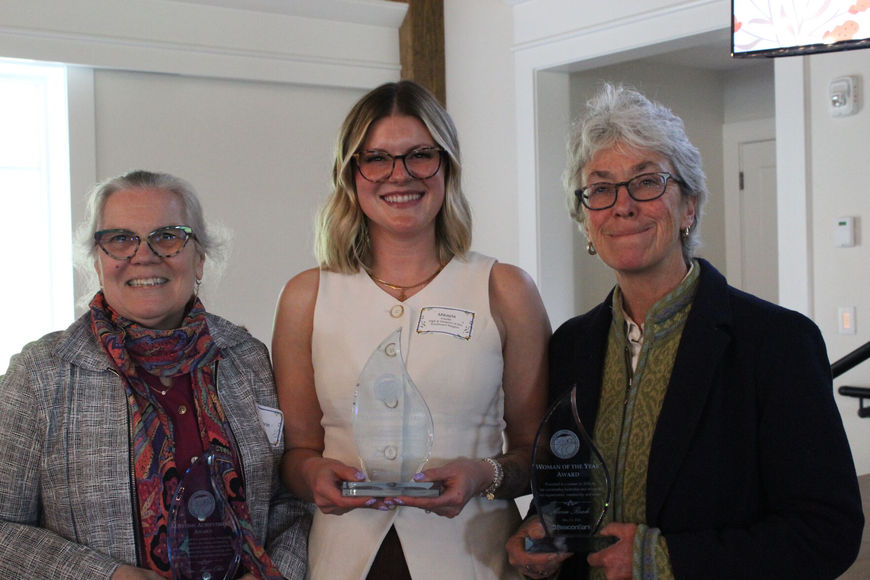 Sean-Marie Oller, Mikayla Fisette, and Maria Reade with their awards at the 2026 Women in Leadership Luncheon, Lincoln Hall at Hildene.