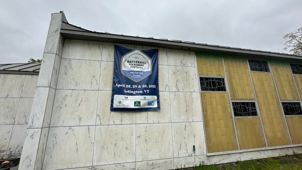 The 2023 Battenkill Fly Fishing and Arts Festival banner on Arlington Common.
