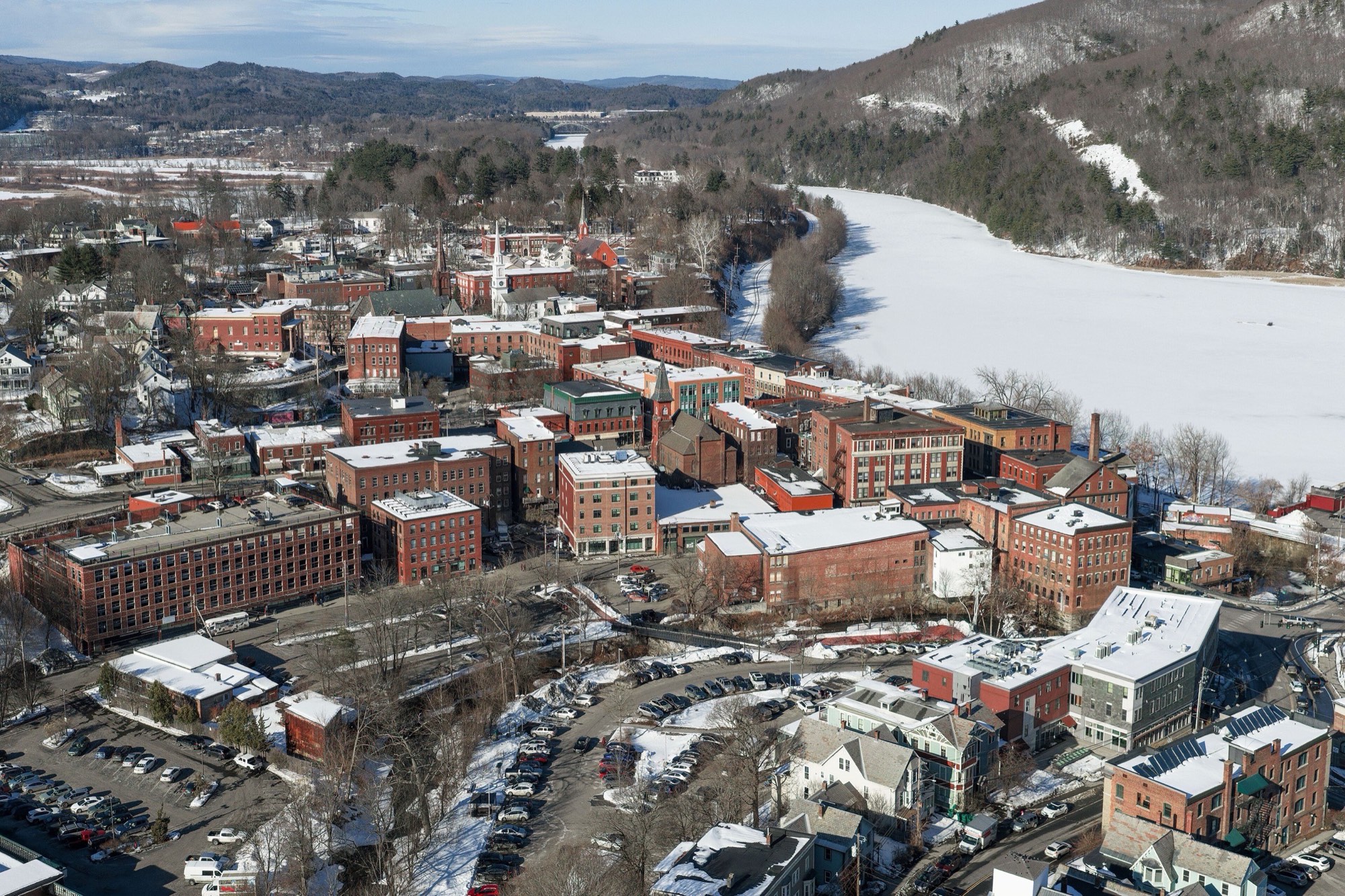 Aerial view of downtown Brattleboro, Vermont.