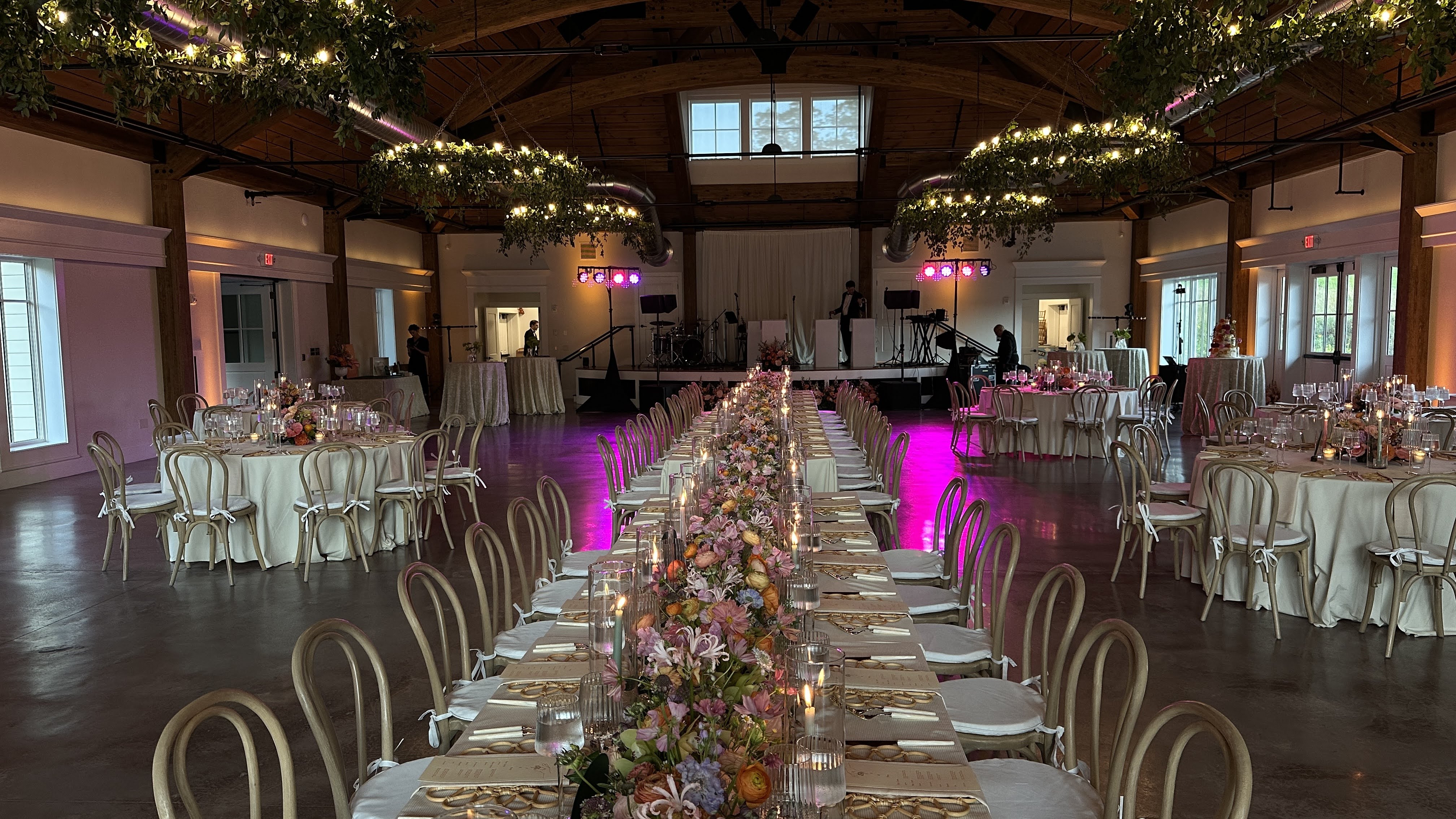 The ceremony setup at Hildene's Lincoln Hall with wireless audio and ambient lighting.