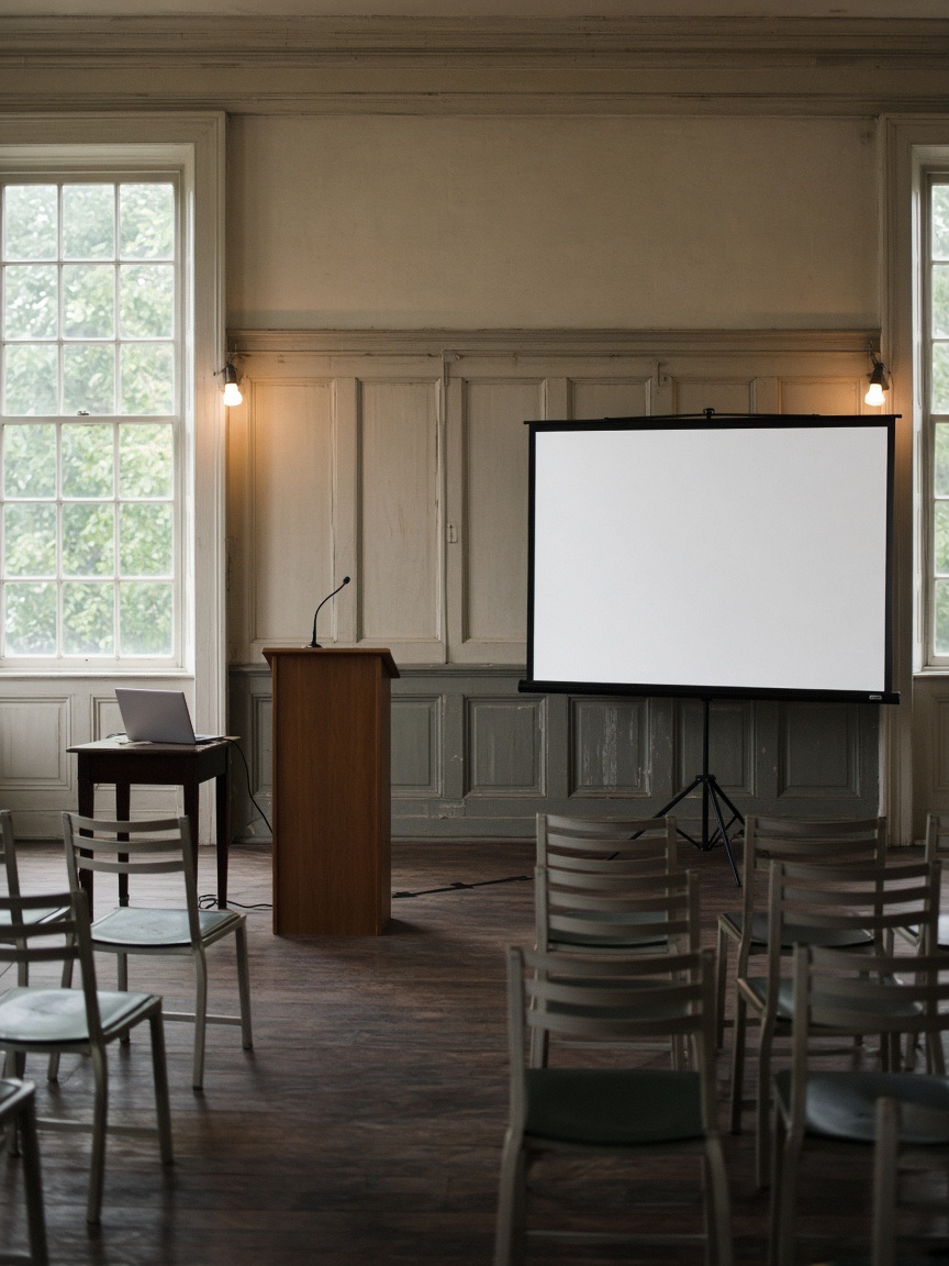 A lectern and tripod screen set in a historic meeting hall before doors.