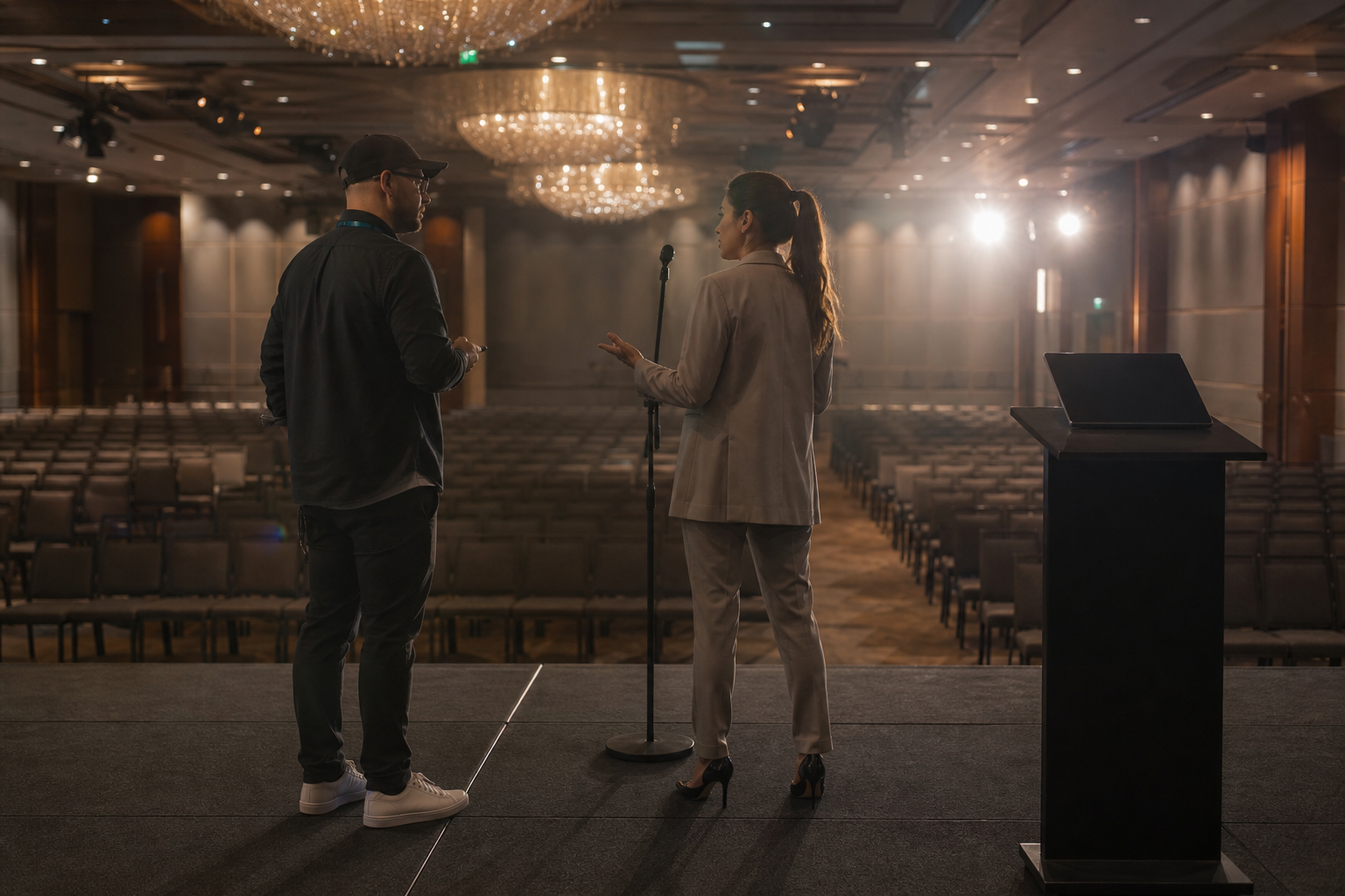 Tech and presenter rehearsing cues on stage.