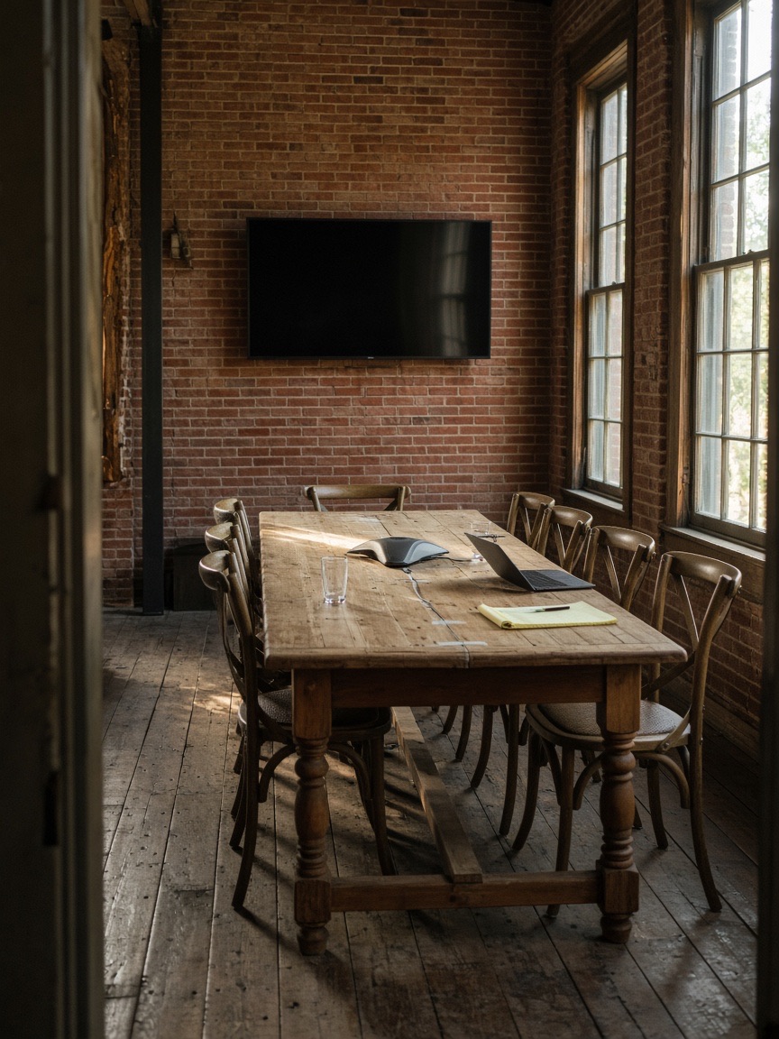 A boundary mic on a farmhouse table in a mill-building boardroom.
