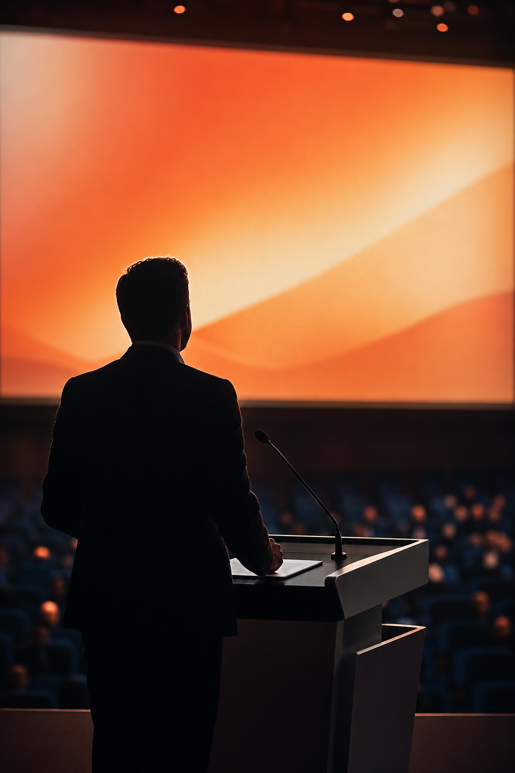 Conference speaker at a lectern under stage light.