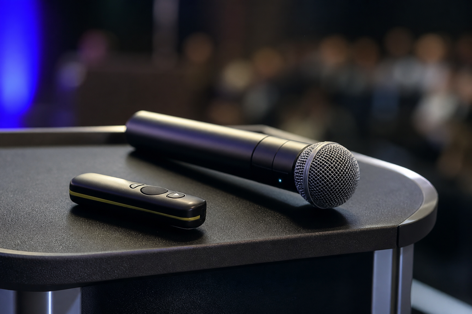 Presenter mic and clicker ready on the lectern.