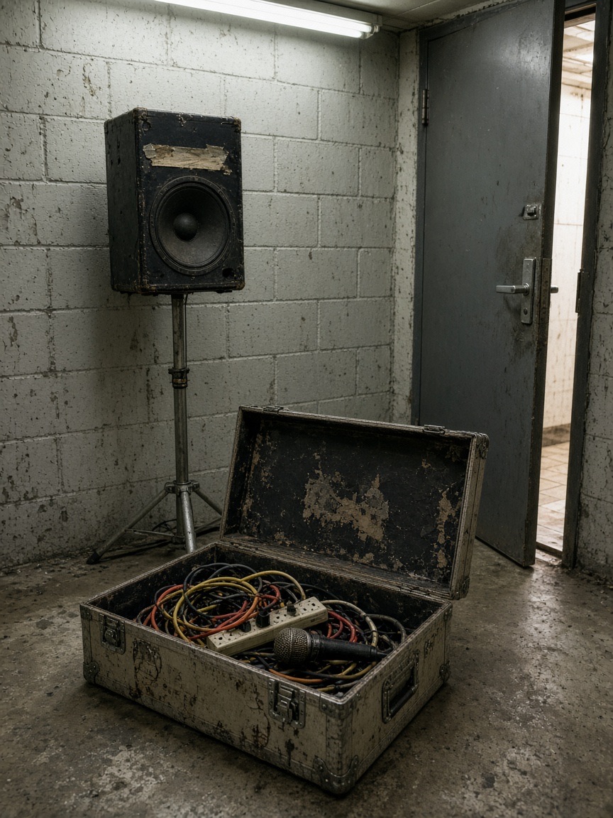 A dusty case of tangled cable and a worn mic in a back room.