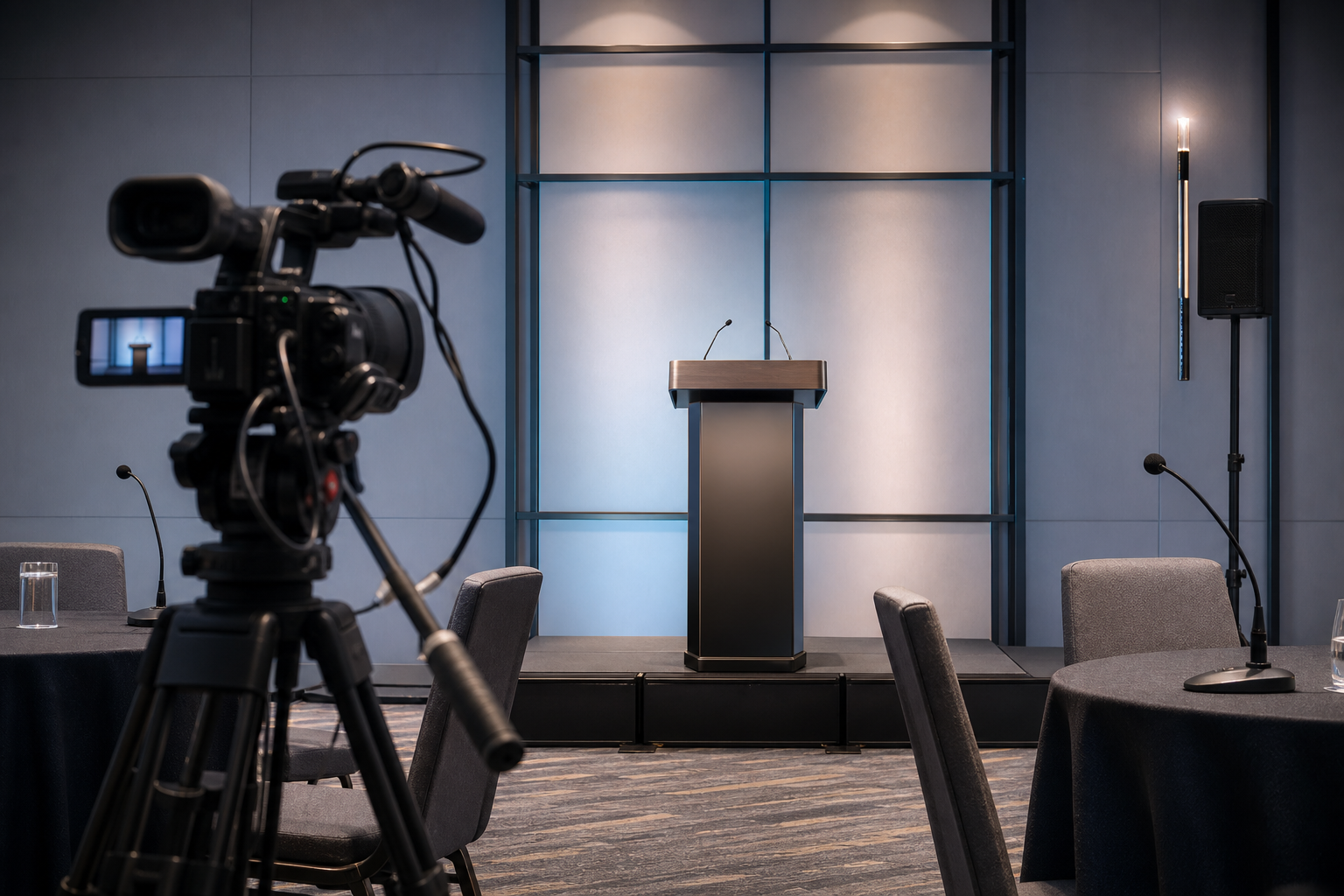 Hybrid event camera and lectern setup.
