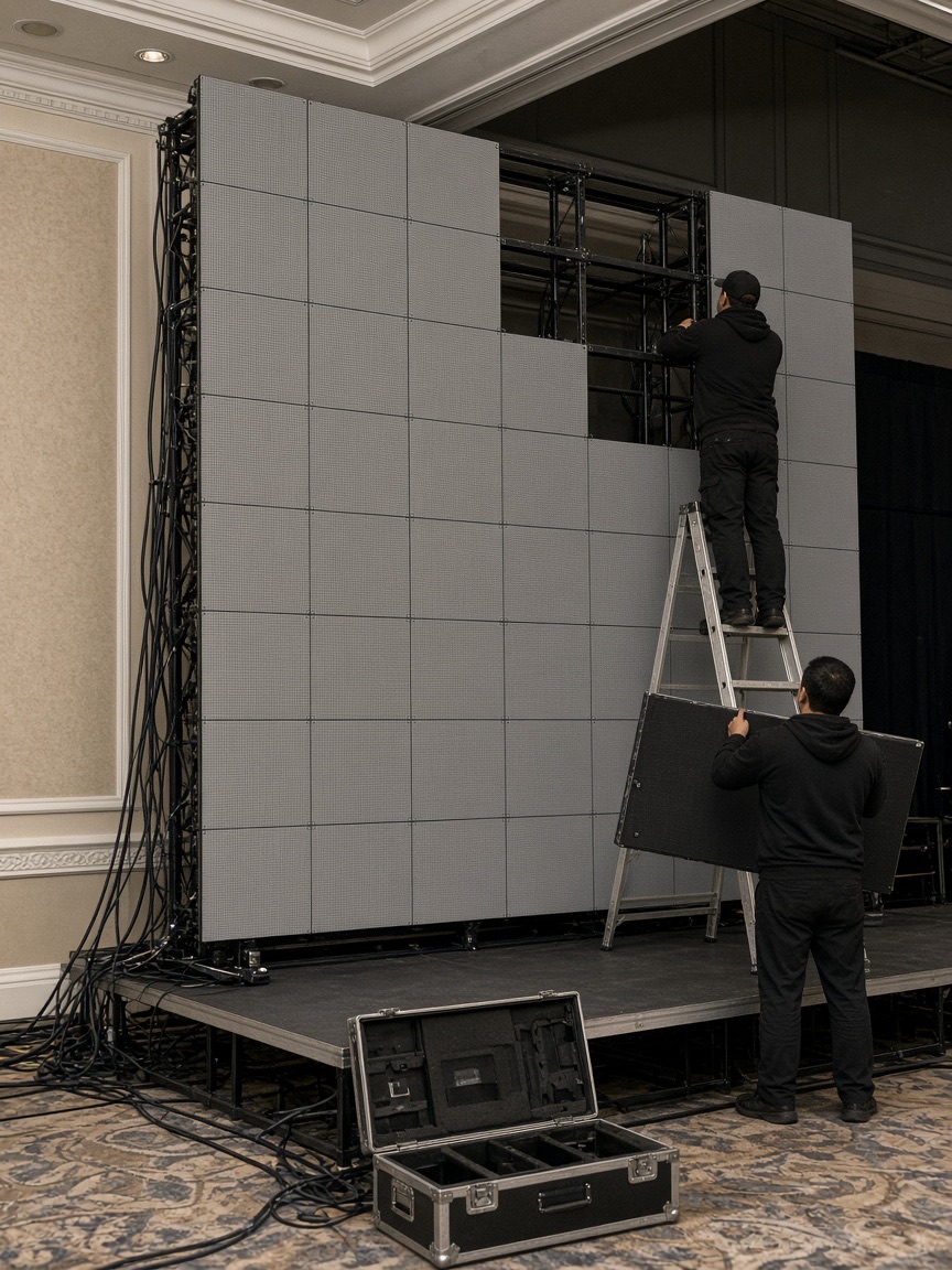 An LED wall going up panel by panel in a hotel ballroom.
