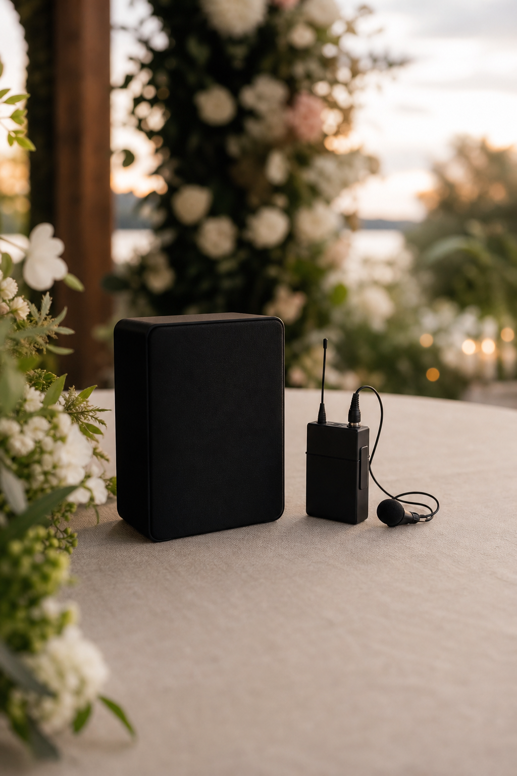 Discreet ceremony mic and speaker for a wedding.