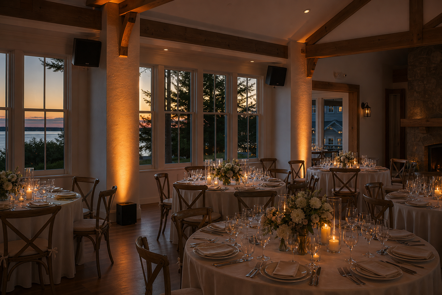 Reception room with soft uplighting and discreet speakers.